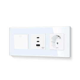 LIAONFOY LIAONFOY Normal Schalter mit Schuko Einzelsteckdose mit Super Fast Charging Typ c und USB Kombination Ladeanschlsse Glasrahmen Wei? 157mm 100-240V (Neutrale Linie erforderlich)