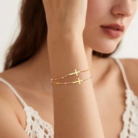 Gold Cross Bracelets for Women - 14k Gold Plated Cross Bracelet Set,Dainty Non Tarnish Golden Christian Prayer Jewelry,Inspirational Religious Confirmation Baptism Faith Gifts for Sister Friend Mom