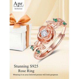 April Birthstone Jewellery CZ Ring Sterling Silver Rose Rings for Women Rose Gold Flower Rings Adjustable Rose Ring Jewellery Gifts for Women
