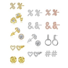 13-Piece Women's Stud Earrings Set, Zirconia Hearts and Symbols, Gold, Rose Gold, White Gold, 8mm