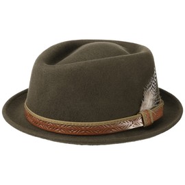 LIERYS Galveston Pork Pie Hat Women/Men - Made in Italy - Fedora Hat Made of Wool Felt - Felt Hat with Trim Band - Diamond Hat with Feather Decoration - Summer/Winter, olive