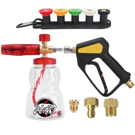 Replacement Short Pressure Washer Gun Swivel with M22 Inlet-14mm & Brass Foam Cannon Wide Mouth Adjustable Thick Foam with 1/4 Quick Plug, Spray Gun Kit