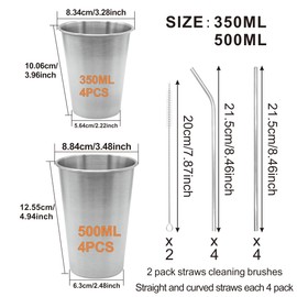 8PCS 304 Stainless Steel Cups with Straws, 11.95 Oz and 17Oz Metal Drinking Glasses each 4 with 8 Straws, Beer Glasses, Stackable Drinking Cups and Metal Cups Set for Milk,Coffee,Water, Beers