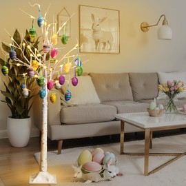 Aurelema 4 ft Easter White Birch Tree with LED Lights 48 Warm White LED Lighted Birch Tree with 24 Pcs Easter Eggs USB Easter Egg Tree Centerpieces for Tables with Timer