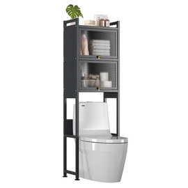 ZZL Over The Toilet Storage, 3-Tier Over Toilet Bathroom Organizer,Waterproof, Cabinet Door Design, Reinforced Back Support, Easy to Store and Space-Saving(Black)