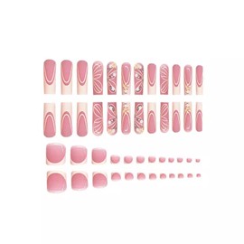 48Pcs French Tip Press on Nails & Toenails Set Flower Long Fake Nails Short Square Acrylic Toenails Cute False Toenails Glossy Full Cover Glue on Nails Nude Pink Artificial Nails for Women Girls