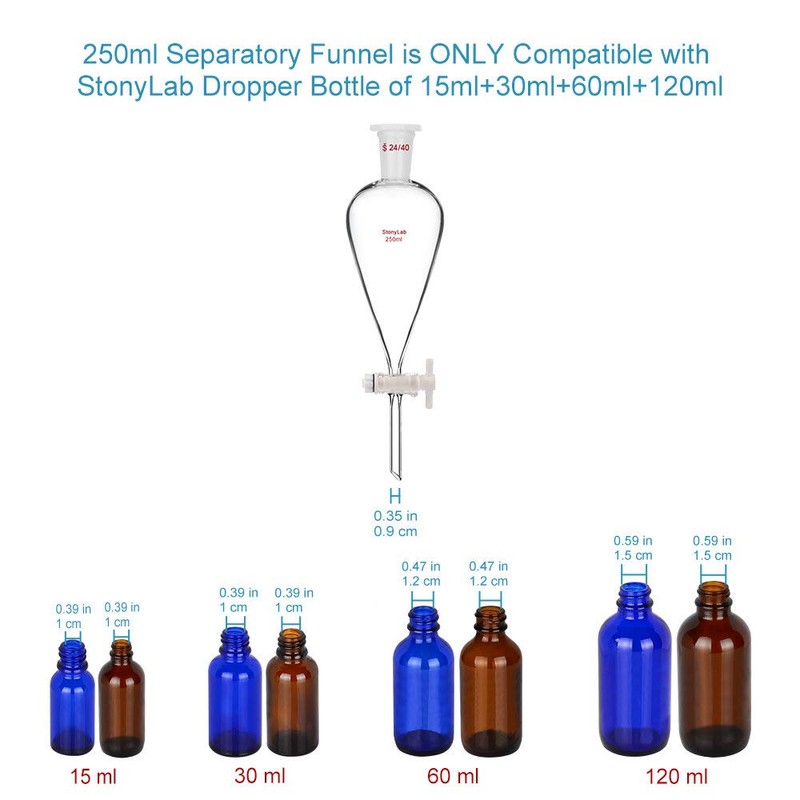 StonyLab Borosilicate Glass 250ml Heavy Wall Conical Separatory Funnel with