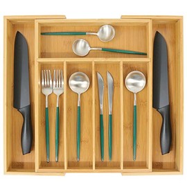 Bamboo Silverware Organizer, Expandable Kitchen Drawer Organizer for Cutlery, Wooden Utensil Holder, Multi-Function Drawer Storage, 5-7 Compartments