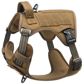 DNALLRINO Tactical Dog Harness for Medium Large Dogs, Heavy Duty Dog Harness with ID Card, Reflective Harness for Training Easy Control Dog Vest Brown