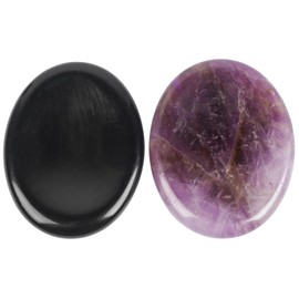 Loveliome Black Obsidian and Amethyst Thumb Worry Stone, Stress Relax Healing Reiki Crystal Pocket Palm Stones,Pack of 2
