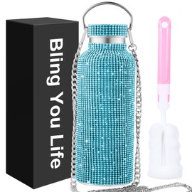 WINCHERRIA Diamond Bling Water Bottle With Lid And Removable Carrying Chain,Bling Tumbler Rhinestones,Glitter water bottle,Bling Cup for Best Friend,Bestie (Blue)