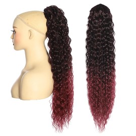 BALINGHAIR Deep Wave Ponytail Extension for Women 12 Inch Black to Burgundy Red Curly Wavy Ponytail Hair Extensions Drawstring with Clips Short Synthetic Hairpiece for Daily and Party
