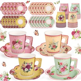 NatNarr 24 Pcs Vintage Floral Tea Party Cups 7 OZ Disposable Paper Tea Cups with Handle and Plates Teacups and Saucer Sets for Baby Shower Wedding Birthday(Vintage Style)