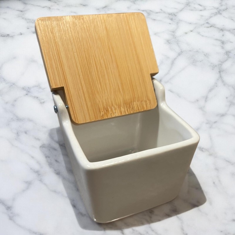 Ceramic Salt Jar with Bamboo Lid Square 8.8 x 8.8