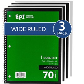 EPI Spiral Notebook | Wide - 70 Sheets, Durable Spiral Binding | 10.5 x 8 in | Classroom Supplies | School, Office, Note Taking, Journaling - 3 Pack
