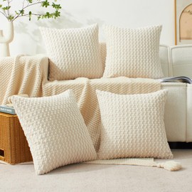 Kevin Textile Throw Pillow Covers Pack of 4 Spring Super Soft Boho Corduroy Decorative Pillow Covers Cases Solid Color Plush Texture Throw Pillows for Sofa Couch Chair 18x18 Inch, Cream White