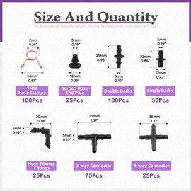 Swpeet 380Pcs 6 Types Barbed Connectors Irrigation Fittings with 7mm Single Wire Hose Clamp Kit, Straight Barbs, Single Barbs, Tees, lbows, End Plug, 4-Way Coupling Drip Irrigation Barbed Connectors