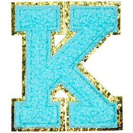 Jongdari Chenille Iron on Letters for Clothing, Glitter Varsity Alphabet Letter Patches Sewing Appliques with Ironed Adhesive - 4pcs Blue K