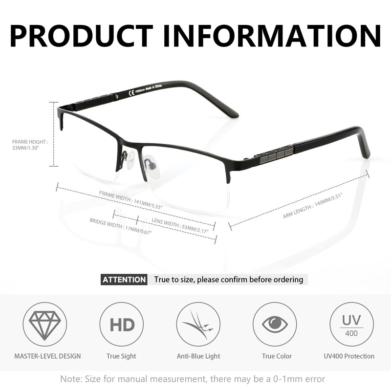 Refined Progressive Reading Glasses Men Multifocus Metal Half Frame, Blue