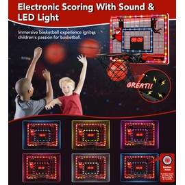 Basketball Hoop Indoor for Kids-Over The Door Mini Basketball Hoop with LED Light, Scoreboard, Remote Control and 3 Modes & Balls-Boys Girls Toys for Ages 3 4 5 6 7 8 9 10 + Years Old Birthday Gifts