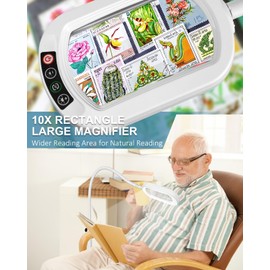 10X Rectangle Magnifying Glass with Light and Stand, 24" Flexible Gooseneck 3-in-1 Floor Lamp, 5 Color Modes Stepless Dimmable, LED Lighted Hands Free Magnifier for Reading Painting Close Work - White