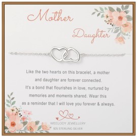 Weelody Mother Daughter Bracelet, 925 Sterling Silver Double Heart Bracelet, Mother’s Day Gifts for Mum