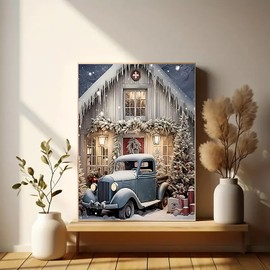 Diamond Art Painting Kits for Adults, Winter Christmas House 5D Diamond Painting Dots Art Kits for Adults Beginner, DIY Truck Full Round Gem Crystal Art paint by Diamond, Home Wall Decor 12 x 16 In