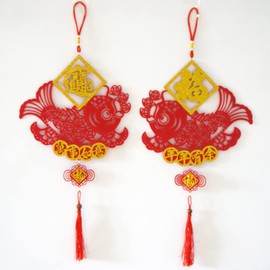 LOVENVOY 2PCS 11Inch Palace Lantern Tassel Red Fish Chinese New Year Decorations for Party Wedding Supplies Spring Festival Mid-Autumn Moon Ornaments Gilt Lanterns, S