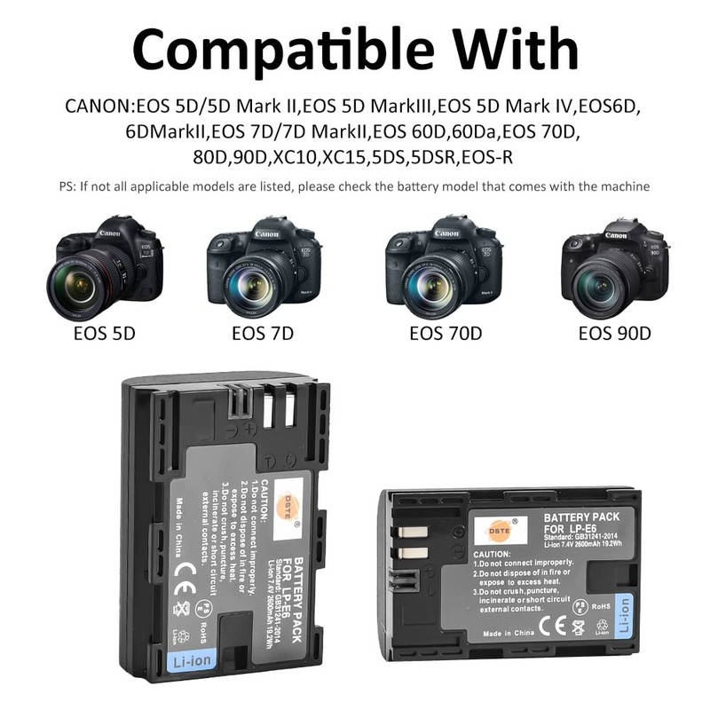 DSTE Replacement for 2X LP-E6 + Dual LCD Charger Compatible