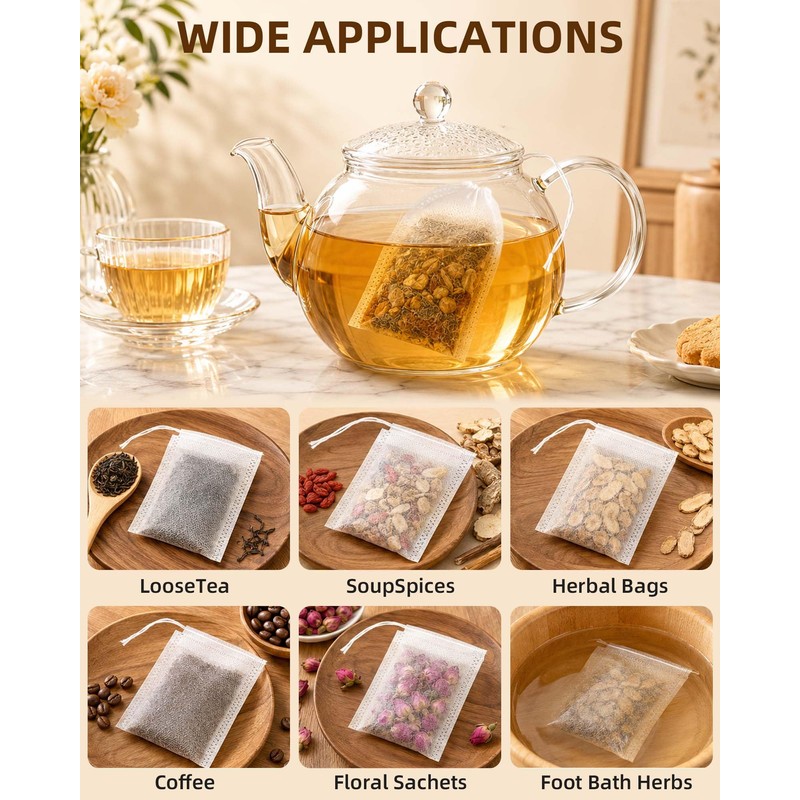 Huglux 100 Pack Tea Filter Bags with Drawstring, 7 x