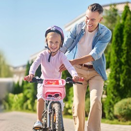 Girls Bike Basket Front, Pink Bicycle Handlebars Basket Fit Most Kids Tricycle Balance Bikes Knee Scooter, Kids Bike Accessories Scooter Bag with Adjustable Shoulder Strap Gifts for Girls