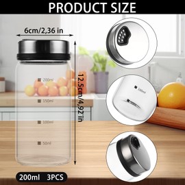 ZOFUN Pack of 3 Spice Jars with Rotating Top, 200 ml Borosilicate Glass Spice Jars, Glass Spice Shakers, Salt and Pepper Shakers, Spice Jars with Spice Holes for Kitchen, Outdoor Barbecue, Cooking Art