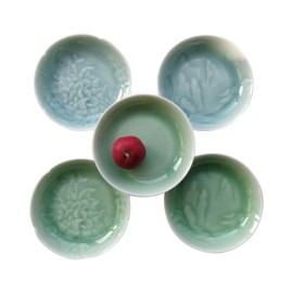 Twokiln 3.5 Inch Small Dish Seasoning Dishes, 1.2 Oz Appetizer Saucer Vinegar Dish,Sushi Dipping Saucers, Dessert Plate, Longquan Celadon Glaze Vintage Style 5 Pieces(plum and sky blue)