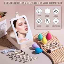 BS-MALL Estuche de espejo de maquillaje LED grande Juego de brochas de maquillaje de viaje 15 piezas - Espejo de luz LED con esponja de maquillaje par