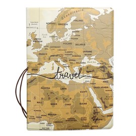 Brown World Map Passport Holder with Card Case - PVC Waterproof Travel Wallet for Women & Men, Elastic Band Closure for Passports, Credit Cards & Boarding Passes