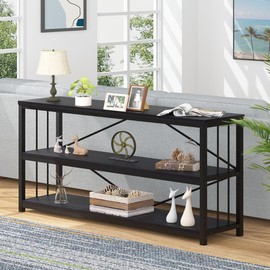 LVB Black Entryway Table, Modern Long Sofa Console Table Behind Couch, Industrial Narrow Entry Table for Hallway Living Room, Farmhouse Wood Metal Foyer Table with Storage Shelves, Black Oak, 63 Inch