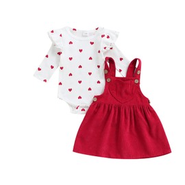 Toddler Baby Girl Valentines Day Outfit Heart Print Long Sleeve Bodysuit Corduroy Dress Two Piece Clothes Set (Red, 3-6 Months)