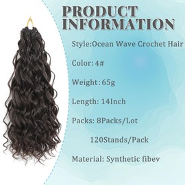 Auxemuen 8 Packs Pre Looped Ocean Wave Crochet Hair 14 Inch Boho Ocean Braids Short Curly Crochet Hair Pre Twisted Synthetic Deep Wavy Crochet Hair for Women (4#)