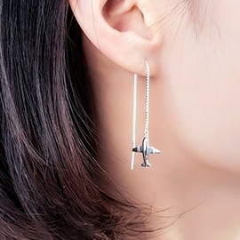 Rockyu Women's 925 Silver Earrings, Airplane Motif, Long Chain Earrings, For Both Ears, Individuality, Simple, Travel, Gift