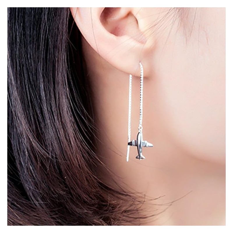 Rockyu Women's 925 Silver Earrings, Airplane Motif, Long Chain Earrings,