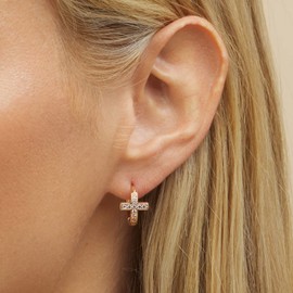 Barzel 18k Gold Plated Crystal Huggies Cross Earrings for Women - Made In Brazil