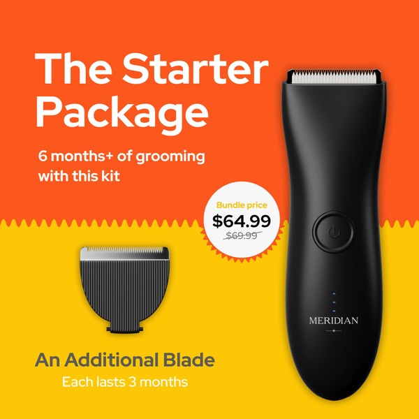 Meridian - The Starter Package - Original Electric Body & Pubic Hair Trimmer Set, 1 Replacement Blade - Cordless, Waterproof, Rechargeable - for Men and Women - Easy & Pain-Free Grooming Kit - Onyx