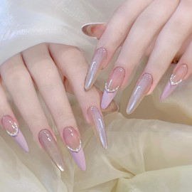 Light Purple French Tip Press on Nails Almond Long Length Pearl Necklace Design Full Cover Glossy Cat Eye Fake Nail Handmade Stick on Nail Almond Tip Press Ons Gel Gue on Nails for Women 24Pcs