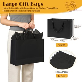 Shintop 3pcs Extra Large Black Gift Bags with Handles, 15.7 x 11.3 x 5.5 in Reusable Big Paper Present Bags with Tissue Paper for Men, Birthday, Business or Holiday Use