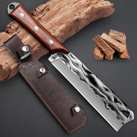 Machete with Sheath for Cutting Trees Heavy Duty, for Yard Work and for Bushcrafting Knife Sickle for Clearing Brush Garden Tools Construction Blade (Red Rosewood Handle)