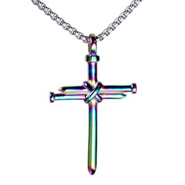 HIJONES Unisex's Stainless Steel Punk Rainbow Cross Pendant Polished with Silver Chain