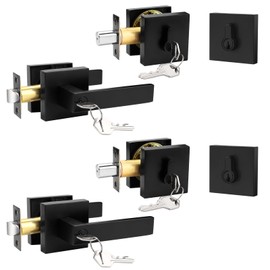 Probrico Matte Black Exterior Door Locksets with Deadbolt,Front Door Entry Handle and Double Cylinder Deadbolt Set, Square Door Lever with Keyed Both Side Deadbolt Lock, Keyed Alike 2Pack