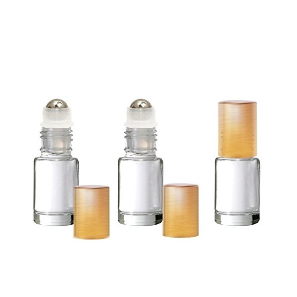 Grand Parfums Colored Glass Aromatherapy 4ml Rollon Bottles with Stainless Steel Roller and MATTE GOLD CAPS (6 Sets, Clear)