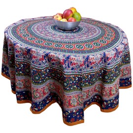 India Arts Cotton Elephant Mandala Floral 81 Round Tablecloth Red Blue Orange Green