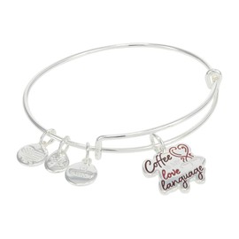 Alex and Ani Expandable Bangle for Women, Coffee is My Love Language Charm, Shiny Silver Finish, 2 to 3.5 in